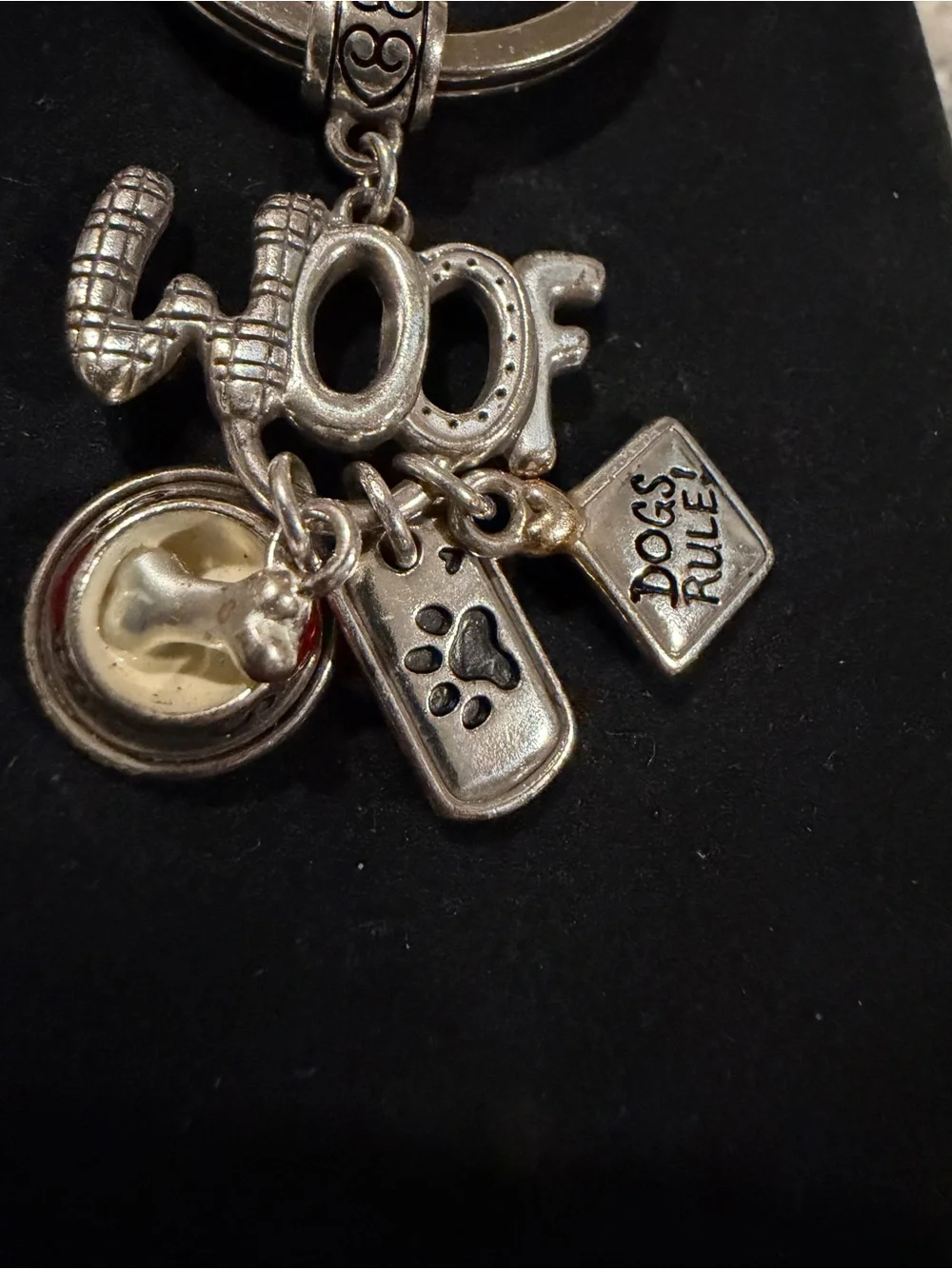 Dog Woof Keychain Charm - Silver Tone Pet Accessory
